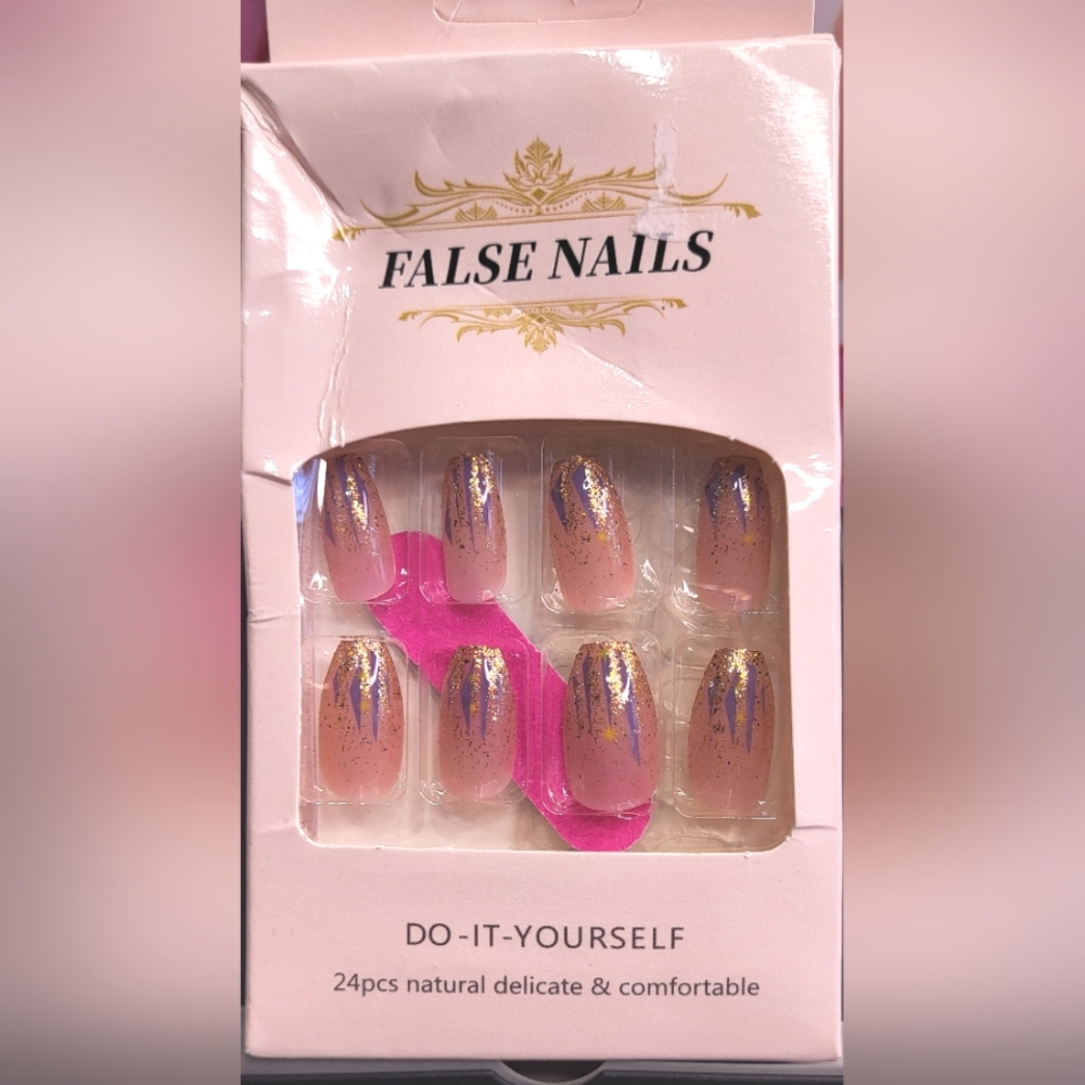 Pink press-on nails featuring a gold and purple glitter Design